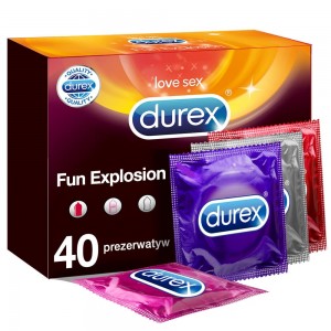 brown and yellow box of Durex Fun Explosion 40's four single condoms, Pink Pleasure Max, Blue Fetherlite Elite, Silver Fetherlite Ultima, Red Strawberry
