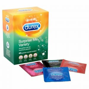 Yellow and Green box of Durex Surprise Me Drawer Variety Pack condoms, pack of 40 pcs four types of condoms blue extra safe pink pleasure me red thin feel black tickle me